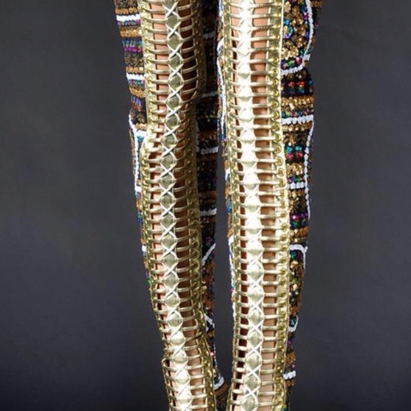 Shoes - BRAND NEW! GOLD BEADED POINTED TOE HIGH KNEE HEEL BOOTS